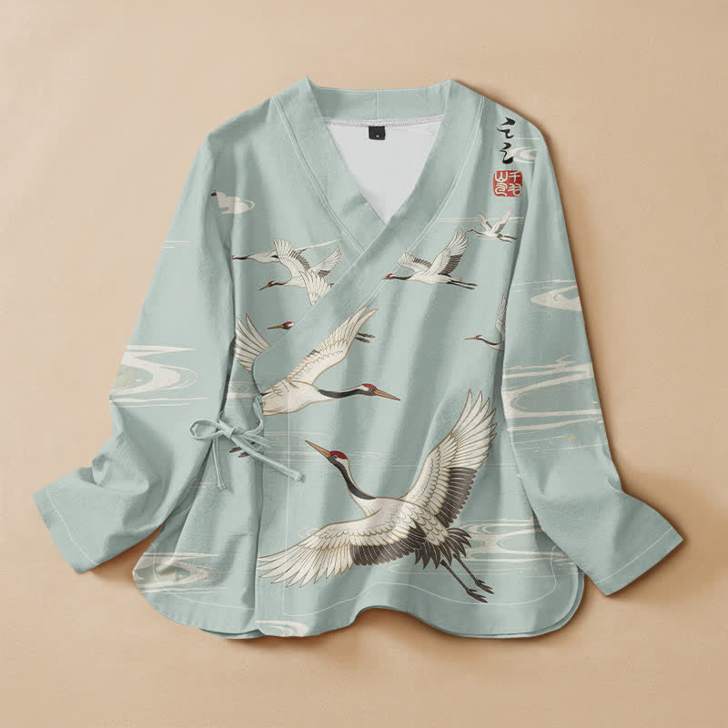 Kimono à manches longues pour femme, en coton imprimé de Buddha Stones et de grues volantes, style Hanfu, col en V et lacets. - Turquoise pâle - US16，UK/AU20，EU48 (3XL) - image 0