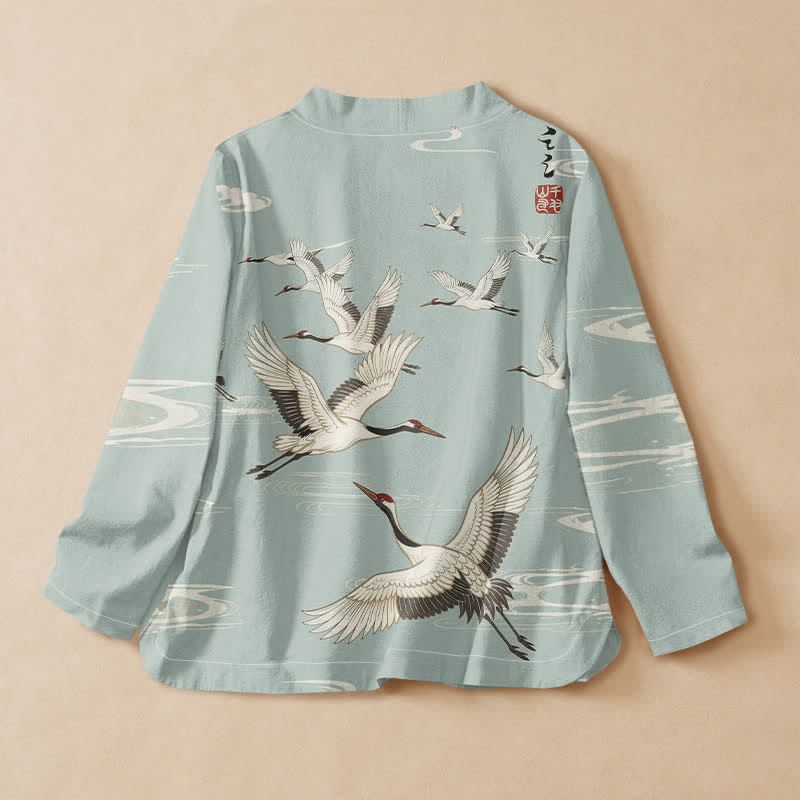 Kimono à manches longues pour femme, en coton imprimé de Buddha Stones et de grues volantes, style Hanfu, col en V et lacets. - image 1