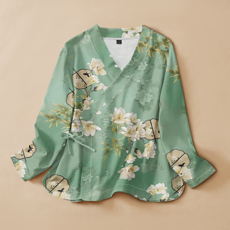 Kimono à manches longues pour femme, en coton imprimé de Buddha Stones , magnolia et bambou, style Hanfu, col en V, lacé - Aigue-marine moyenne - US16，UK/AU20，EU48 (3XL) - image 0