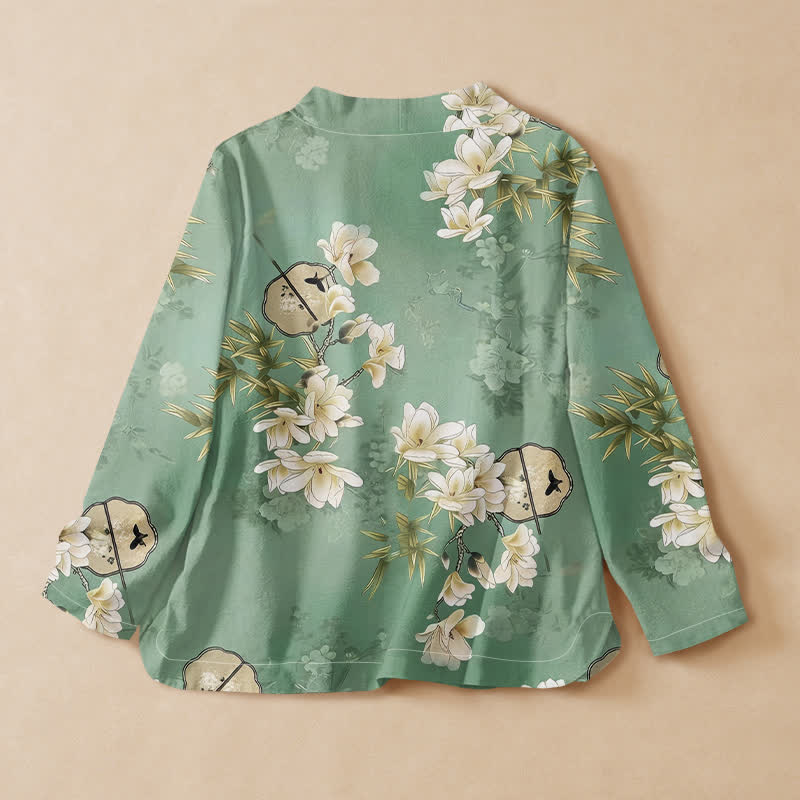 Kimono à manches longues pour femme, en coton imprimé de Buddha Stones , magnolia et bambou, style Hanfu, col en V, lacé - image 1