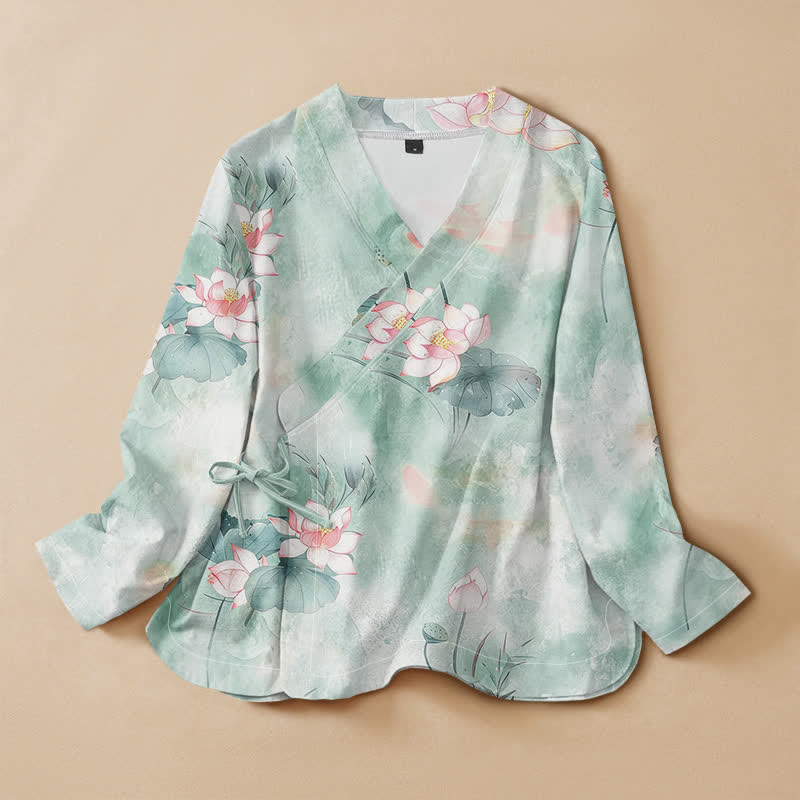 Kimono à manches longues pour femme, en coton imprimé de Buddha Stones , style Hanfu, col en V, lacé - Turquoise pâle - US16，UK/AU20，EU48 (3XL) - image 0