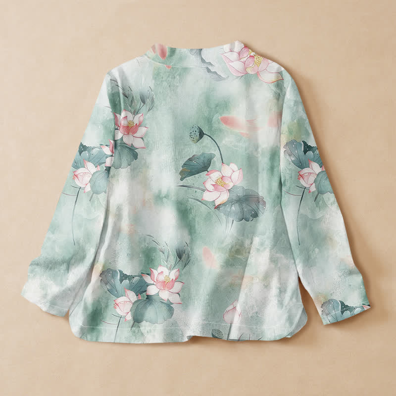 Kimono à manches longues pour femme, en coton imprimé de Buddha Stones , style Hanfu, col en V, lacé - image 1