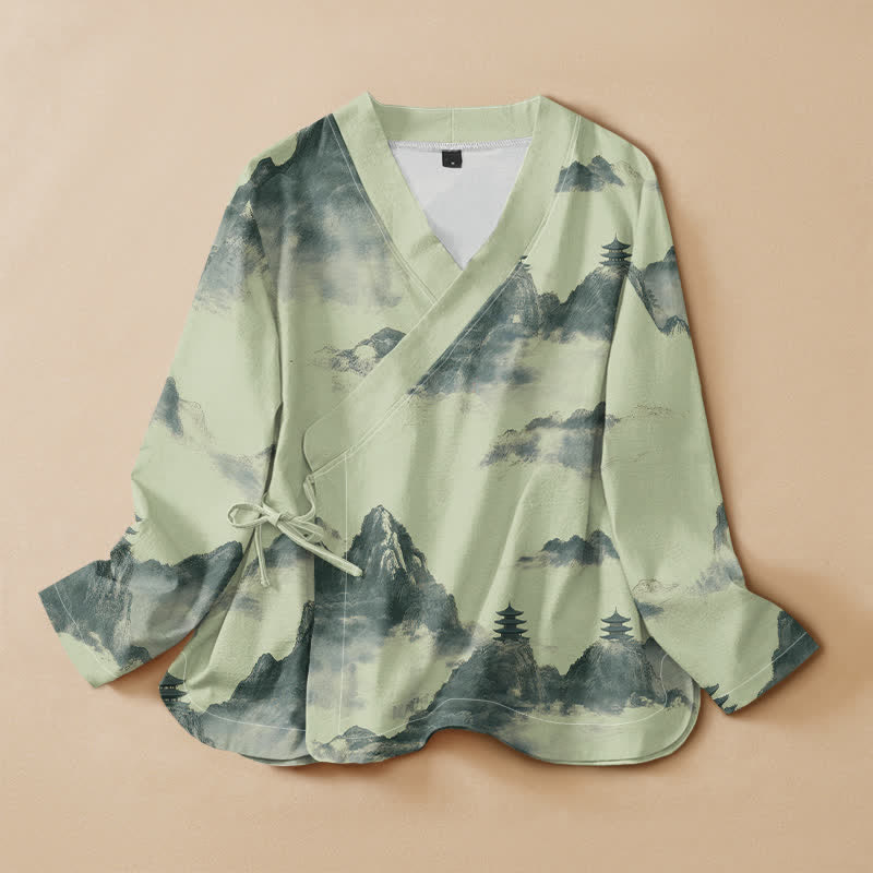 Chemise kimono à manches longues pour femme, imprimée de motifs de pagodes et de Buddha Stones sur coton, style Hanfu, col en V, lacets. - Vert pâle - US16，UK/AU20，EU48 (3XL) - image 0