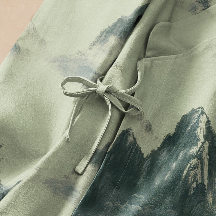 Chemise kimono à manches longues pour femme, imprimée de motifs de pagodes et de Buddha Stones sur coton, style Hanfu, col en V, lacets. - image 3