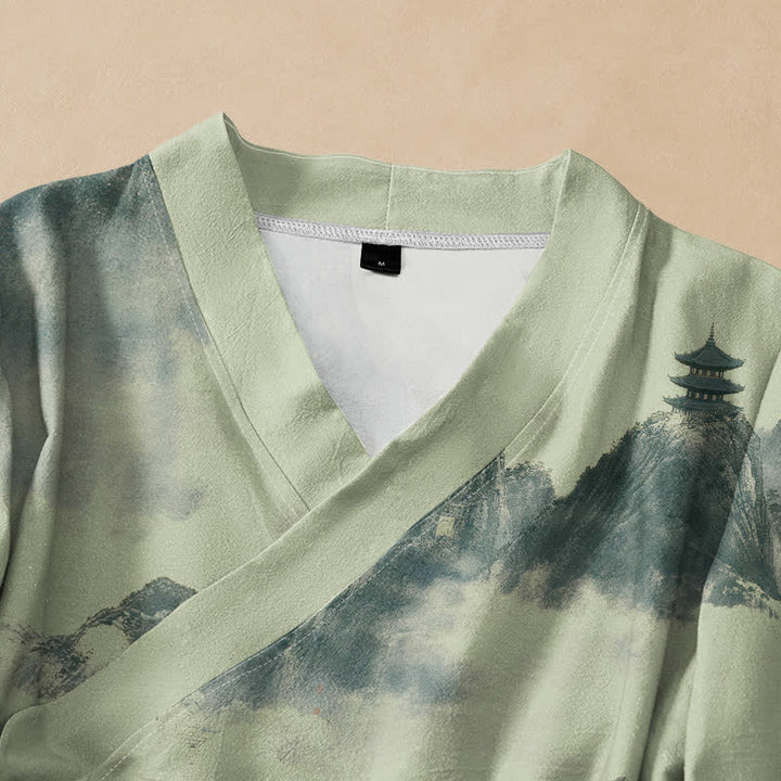 Chemise kimono à manches longues pour femme, imprimée de motifs de pagodes et de Buddha Stones sur coton, style Hanfu, col en V, lacets. - image 2