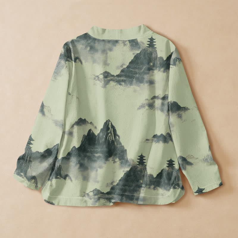 Chemise kimono à manches longues pour femme, imprimée de motifs de pagodes et de Buddha Stones sur coton, style Hanfu, col en V, lacets. - image 1