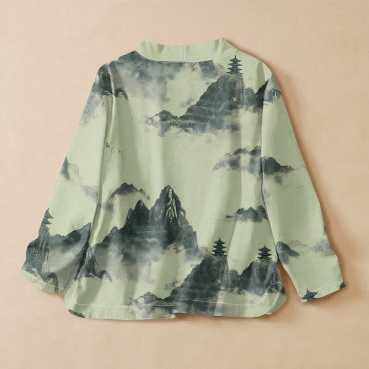 Chemise kimono à manches longues pour femme, imprimée de motifs de pagodes et de Buddha Stones sur coton, style Hanfu, col en V, lacets. - image 1