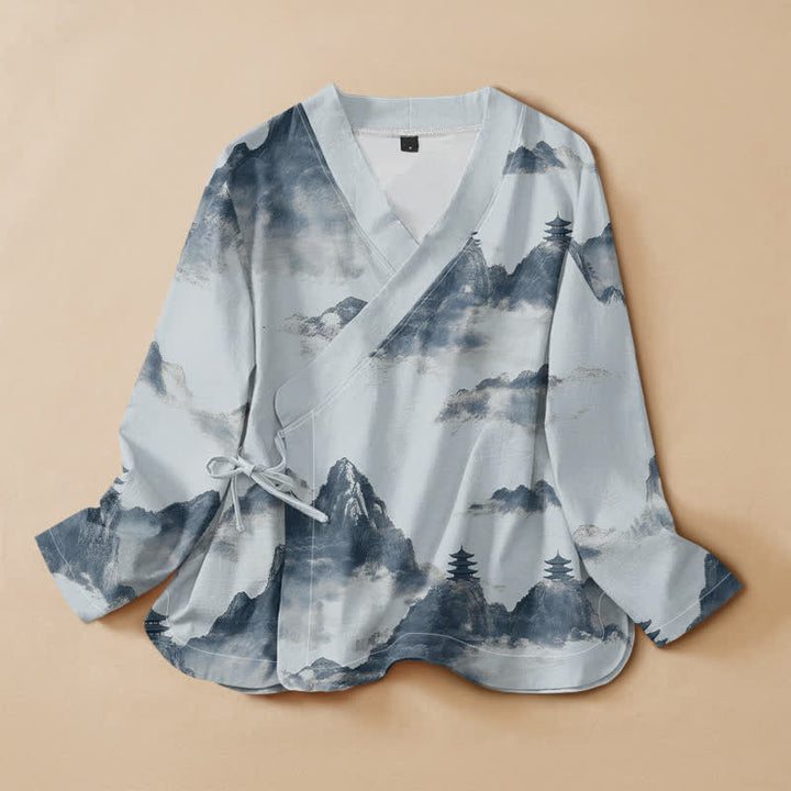 Chemise kimono à manches longues pour femme, imprimée de motifs de pagodes et de Buddha Stones sur coton, style Hanfu, col en V, lacets. - Bleu poudré - US16，UK/AU20，EU48 (3XL) - image 5