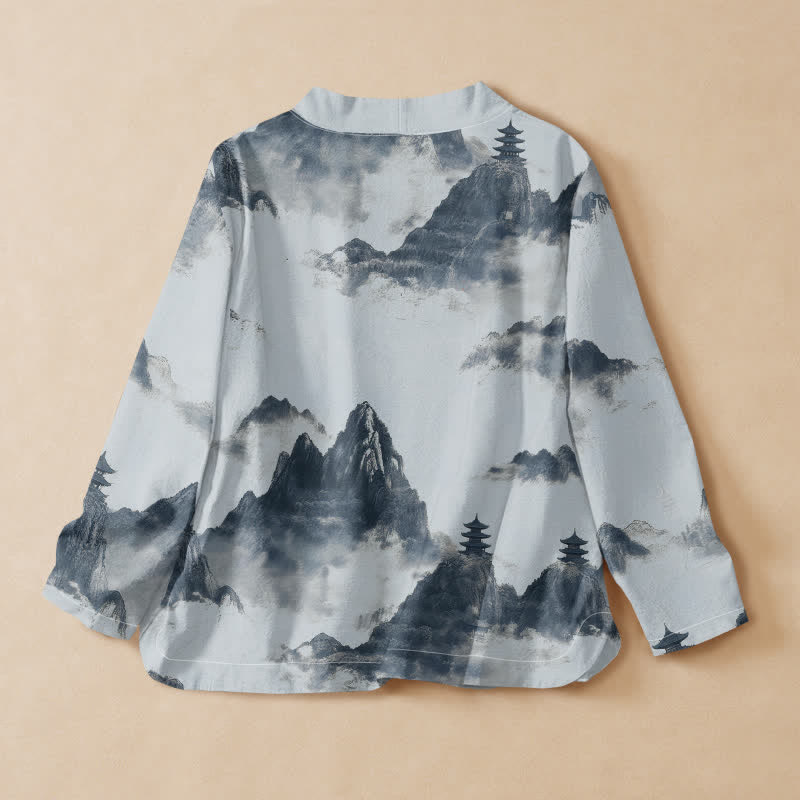 Chemise kimono à manches longues pour femme, imprimée de motifs de pagodes et de Buddha Stones sur coton, style Hanfu, col en V, lacets. - image 6