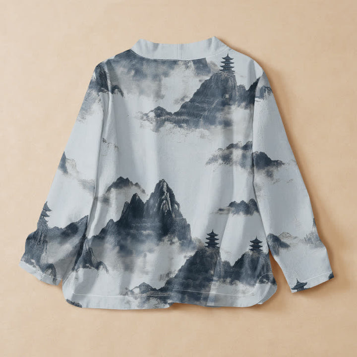 Chemise kimono à manches longues pour femme, imprimée de motifs de pagodes et de Buddha Stones sur coton, style Hanfu, col en V, lacets. - image 6