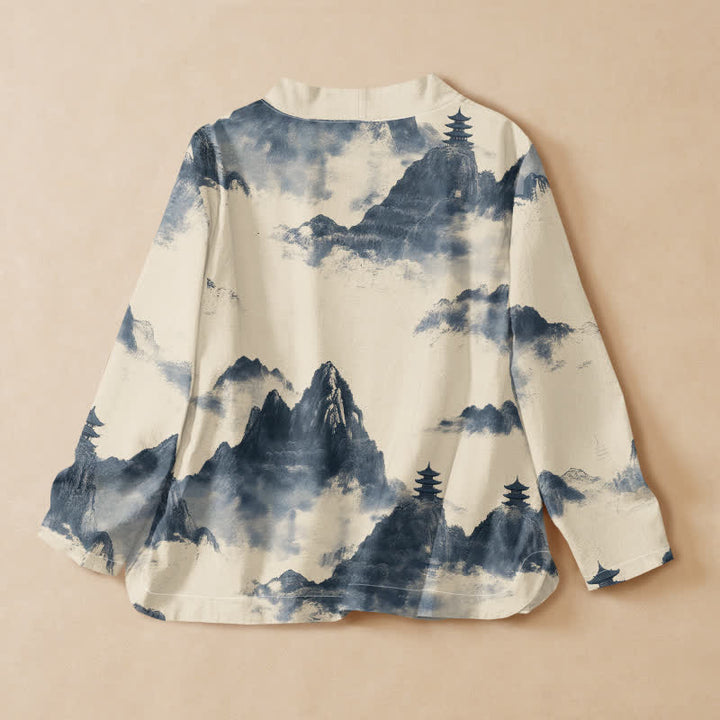 Chemise kimono à manches longues pour femme, imprimée de motifs de pagodes et de Buddha Stones sur coton, style Hanfu, col en V, lacets. - image 8