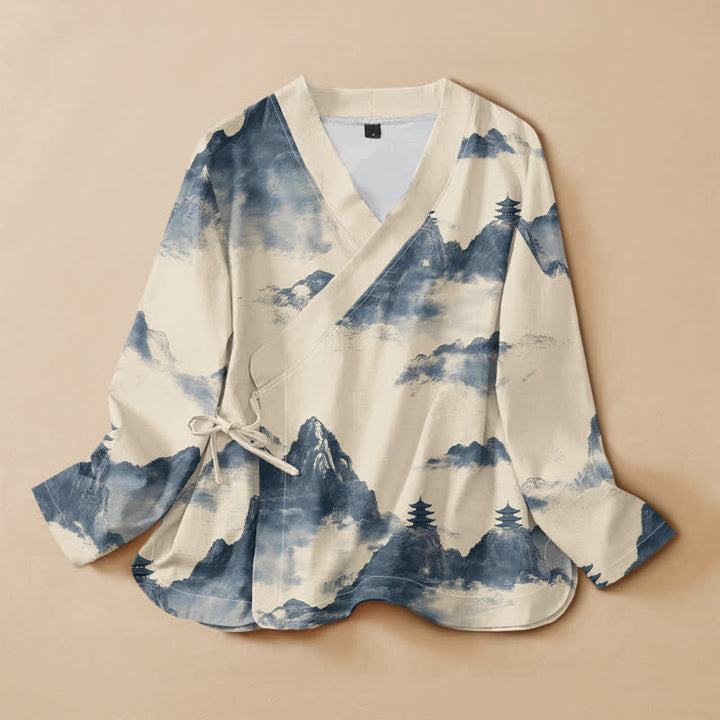 Chemise kimono à manches longues pour femme, imprimée de motifs de pagodes et de Buddha Stones sur coton, style Hanfu, col en V, lacets. - Beige - US16，UK/AU20，EU48 (3XL) - image 7