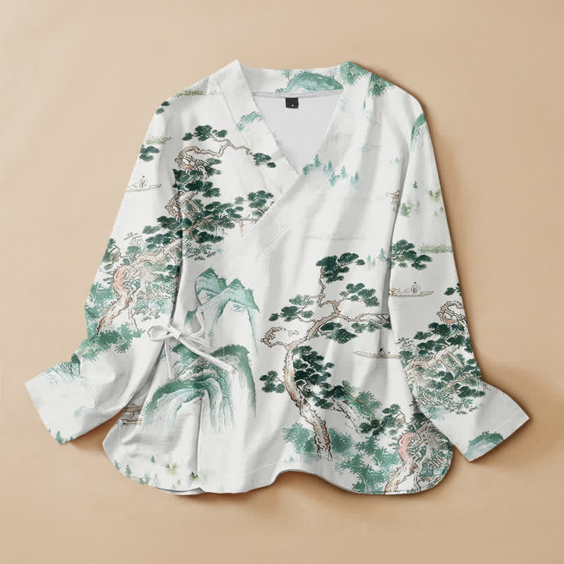 Kimono pour femme à manches longues, col en V, imprimé paysage de pins et pierres de Buddha Stones, en coton. - Melon miellat - US16，UK/AU20，EU48 (3XL) - image 0