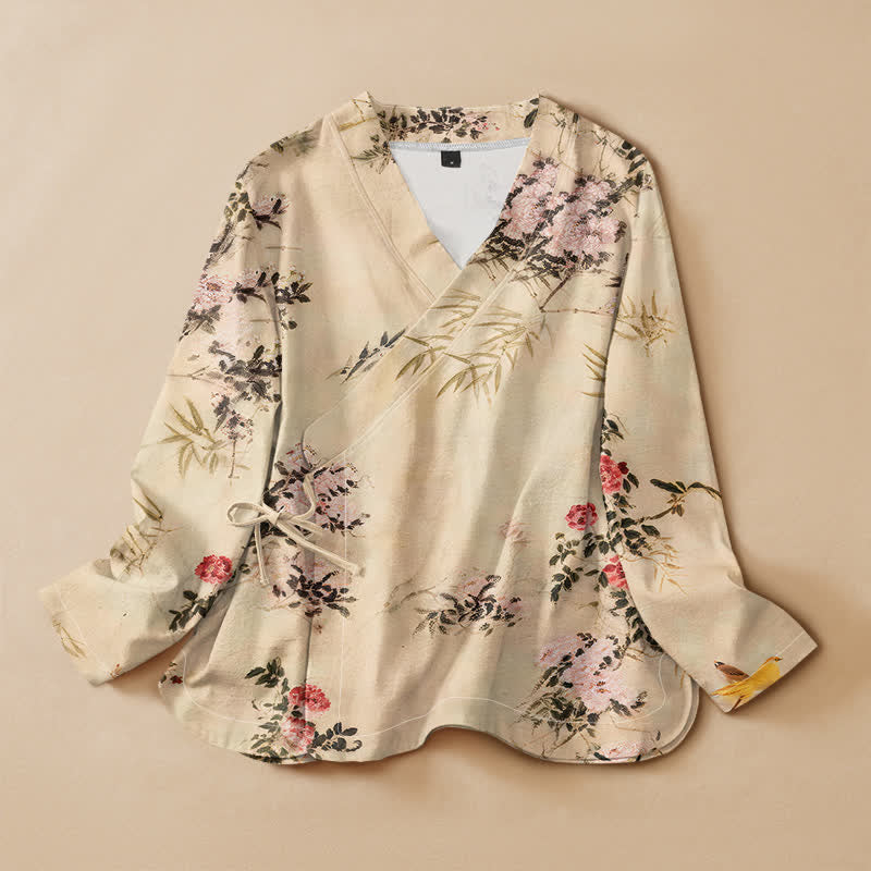 Kimono à manches longues pour femme, imprimé Buddha Stones , en coton, style Hanfu, col en V, lacé - Beige - US16，UK/AU20，EU48 (3XL) - image 0