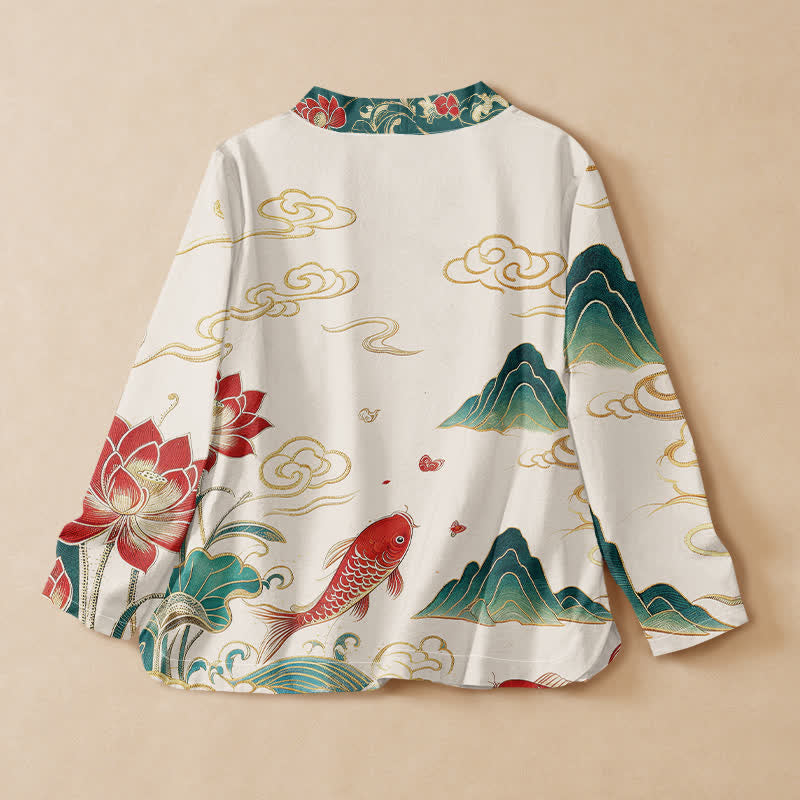Kimono à manches longues pour femme, en coton, motif koi, lotus et nuages, orné de Buddha Stones. Col en V cache-cœur et lacets. - image 1