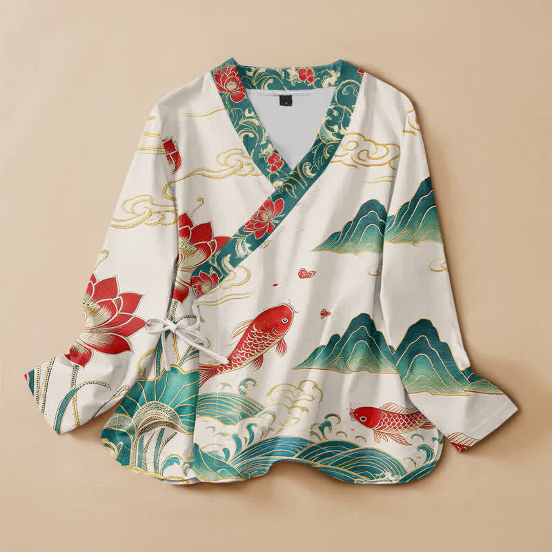 Kimono à manches longues pour femme, en coton, motif koi, lotus et nuages, orné de Buddha Stones. Col en V cache-cœur et lacets. - Ivoire - US16，UK/AU20，EU48 (3XL) - image 0