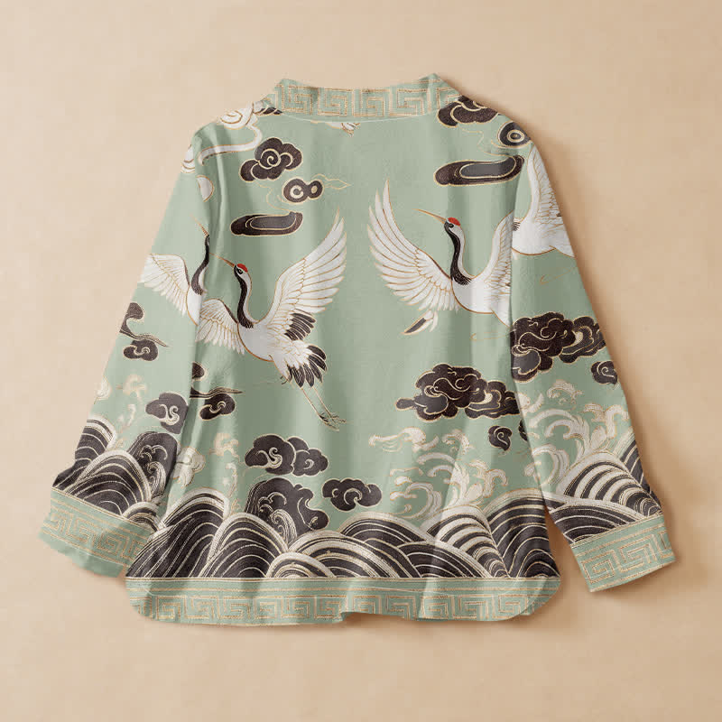 Kimono à manches longues pour femme, en coton imprimé de Buddha Stones, de grues et de vagues, style Hanfu, col en V, lacé - image 1