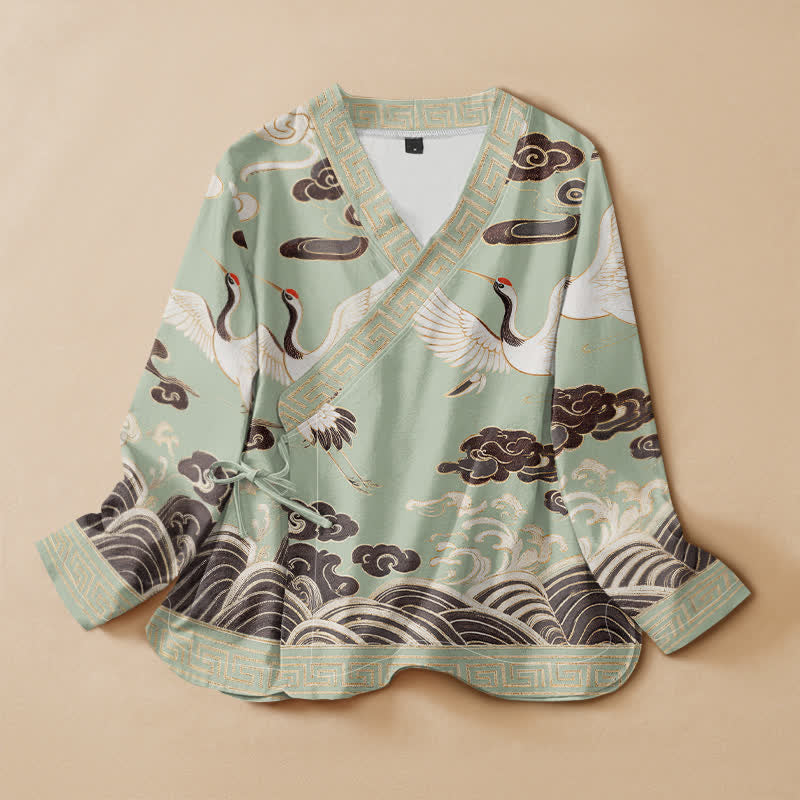 Kimono à manches longues pour femme, en coton imprimé de Buddha Stones, de grues et de vagues, style Hanfu, col en V, lacé - Vert pâle - US16，UK/AU20，EU48 (3XL) - image 0