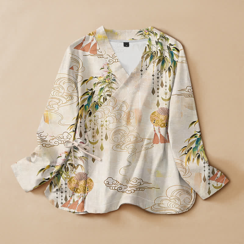 Kimono à manches longues pour femme, imprimé feuilles de nuage et Buddha Stones, en coton, avec pompons et col en V. - Lin - US16，UK/AU20，EU48 (3XL) - image 0