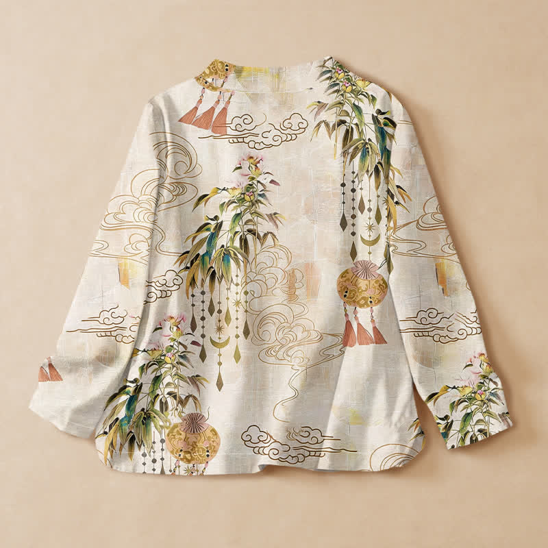 Kimono à manches longues pour femme, imprimé feuilles de nuage et Buddha Stones, en coton, avec pompons et col en V. - image 1