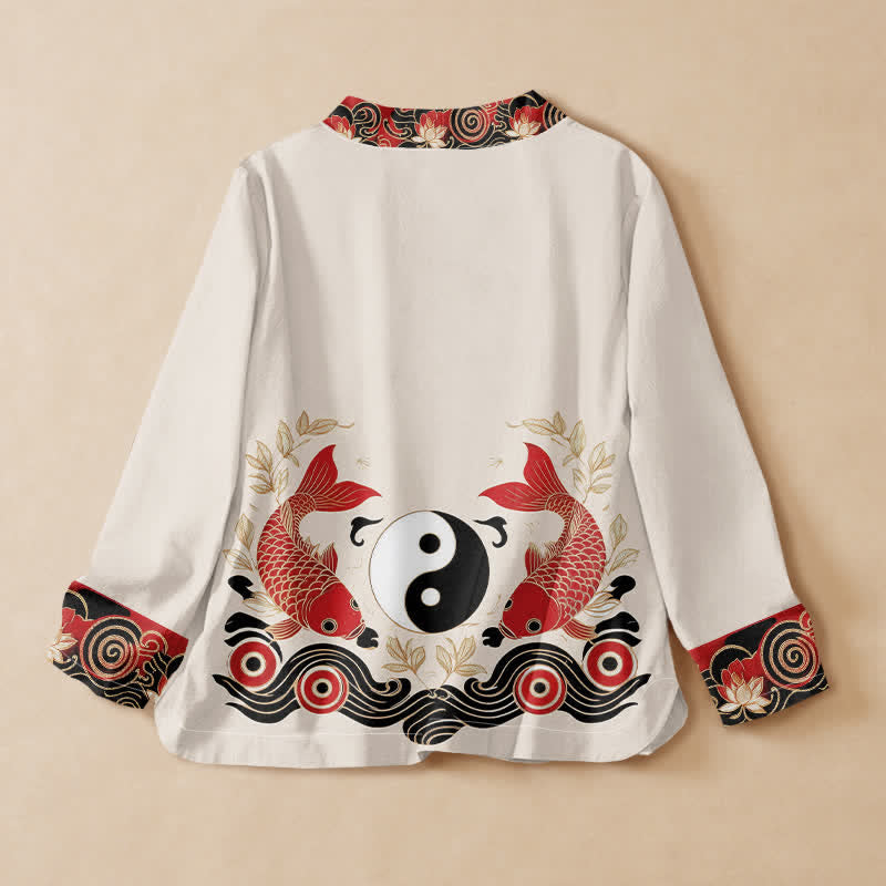Chemise kimono à manches longues pour femme, en coton, imprimée de Buddha Stones , de carpes koï, de yin yang et de lotus, style Hanfu, col en V, lacée, style cache-cœur - image 1