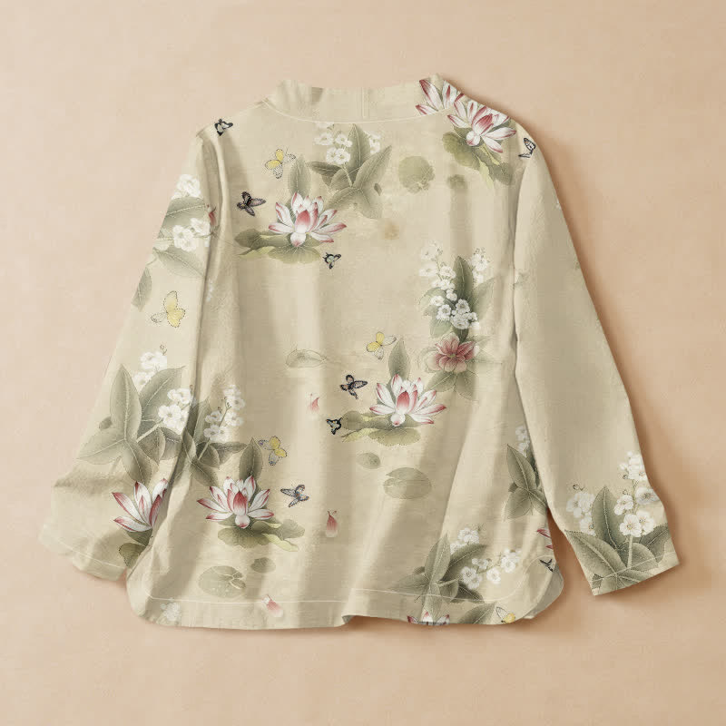 Chemise kimono à manches longues pour femme, style Hanfu, en coton imprimé de feuilles de lotus et de papillons, avec col en V et lacets, ornée de Buddha Stones. - image 1