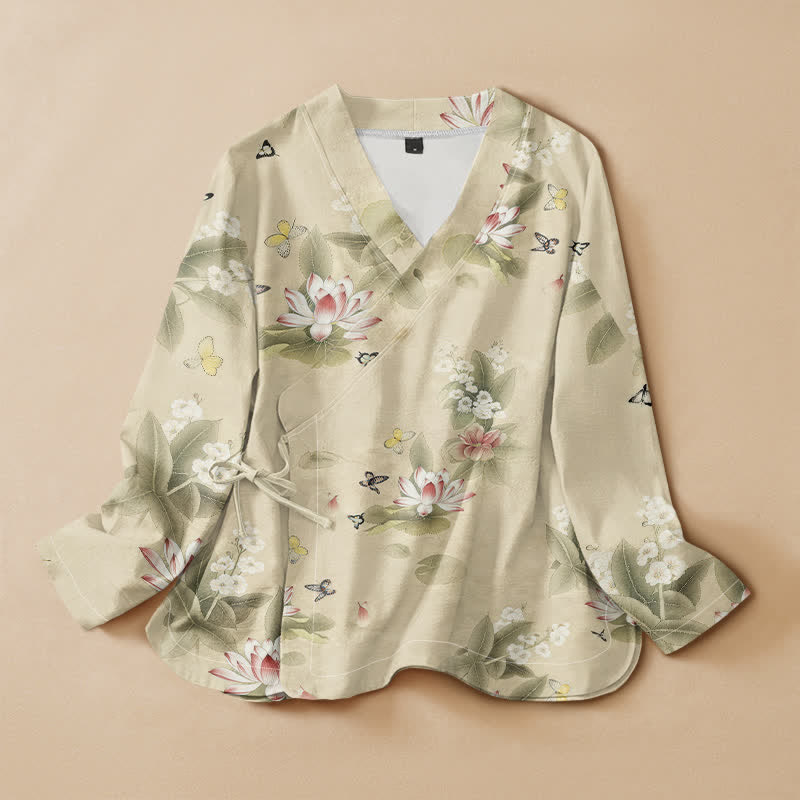 Chemise kimono à manches longues pour femme, style Hanfu, en coton imprimé de feuilles de lotus et de papillons, avec col en V et lacets, ornée de Buddha Stones. - Jaune doré clair - US16，UK/AU20，EU48 (3XL) - image 0
