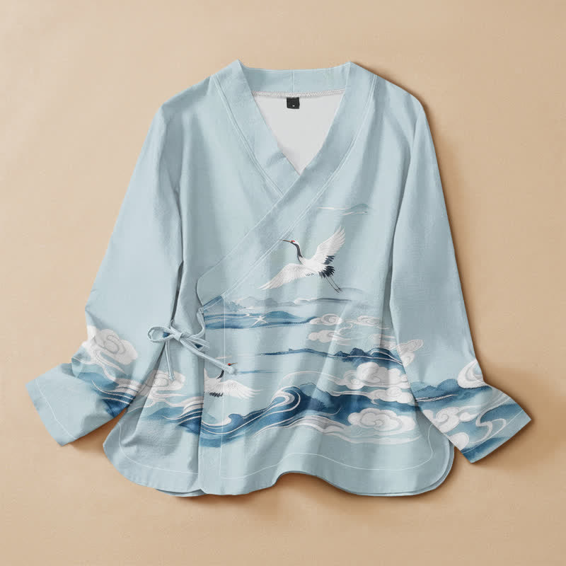 Chemise kimono à manches longues pour femme, en coton, motif grues volantes et nuages, ornée de Buddha Stones et de lacets, col en V. - Bleu poudré - US16，UK/AU20，EU48 (3XL) - image 0