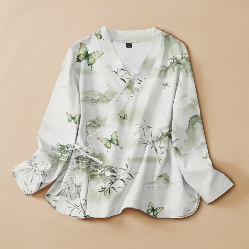Kimono à manches longues pour femme, en coton et bambou, imprimé Buddha Stones , style Hanfu, col en V, lacé - Vert foncé - US16，UK/AU20，EU48 (3XL) - image 0