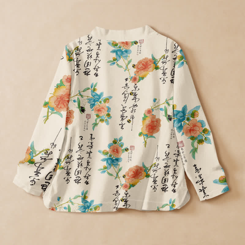 Kimono à manches longues pour femme, en coton imprimé de calligraphie florale avec Buddha Stones , style Hanfu, col en V, lacé - image 1