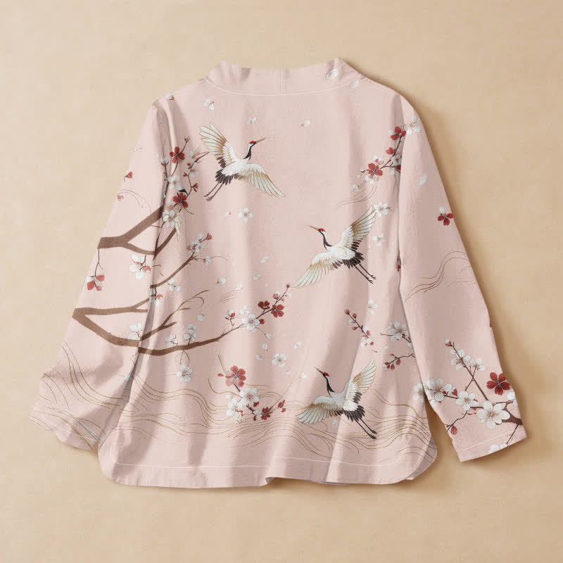 Kimono à manches longues pour femme, imprimé de Buddha Stones, de grues et de fleurs de prunier, en coton, style Hanfu, col en V, lacé - image 1