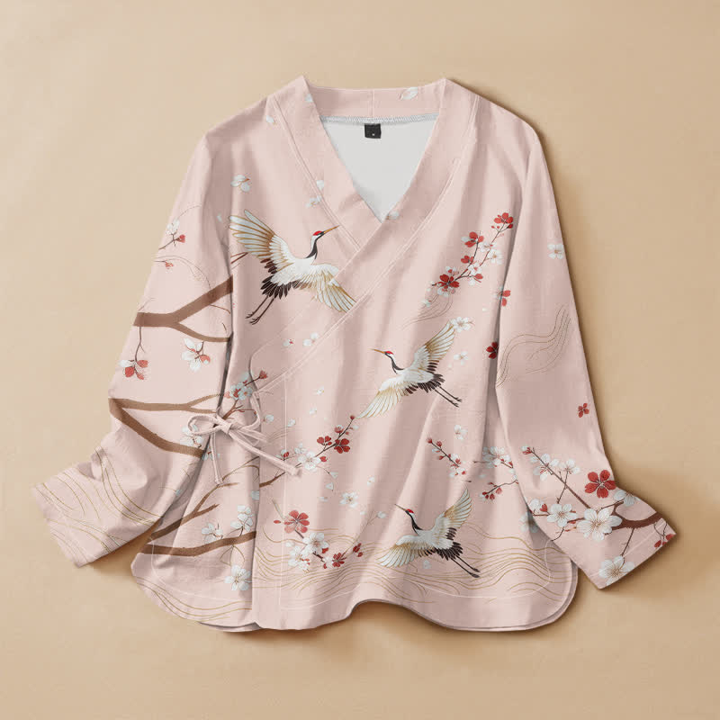 Kimono à manches longues pour femme, imprimé de Buddha Stones, de grues et de fleurs de prunier, en coton, style Hanfu, col en V, lacé - LavandeBlush - US16，UK/AU20，EU48 (3XL) - image 0