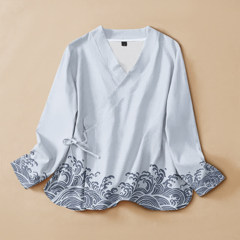 Kimono à manches longues pour femme, en coton imprimé vagues et Buddha Stones , style Hanfu, col en V, lacé - Bleu clair - US16，UK/AU20，EU48 (3XL) - image 0