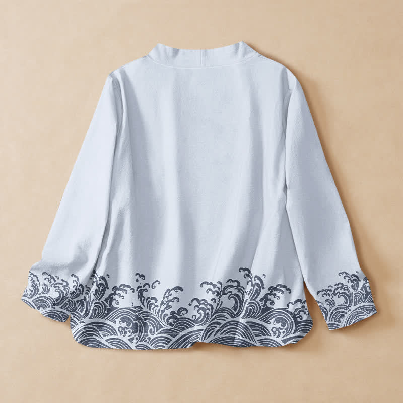 Kimono à manches longues pour femme, en coton imprimé vagues et Buddha Stones , style Hanfu, col en V, lacé - image 1