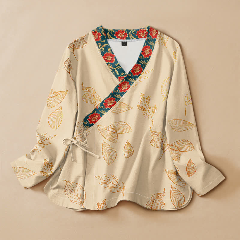 Kimono à manches longues pour femme, en coton imprimé de feuilles dorées et de fleurs rouges, style Hanfu, col en V, lacé, avec Buddha Stones - Lin - US16，UK/AU20，EU48 (3XL) - image 0