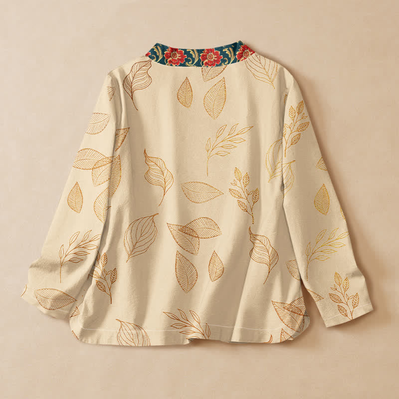 Kimono à manches longues pour femme, en coton imprimé de feuilles dorées et de fleurs rouges, style Hanfu, col en V, lacé, avec Buddha Stones - image 1