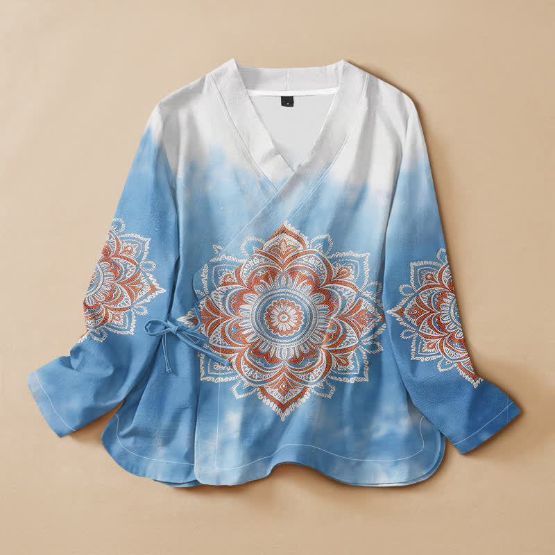 Chemise kimono à manches longues pour femme, en coton, imprimé mandala bohème avec Buddha Stones , style Hanfu, col en V et lacets. - Bleu ciel - US16，UK/AU20，EU48 (3XL) - image 0