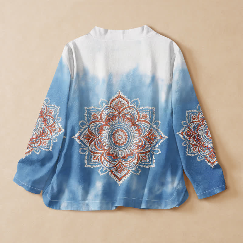 Chemise kimono à manches longues pour femme, en coton, imprimé mandala bohème avec Buddha Stones , style Hanfu, col en V et lacets. - image 1