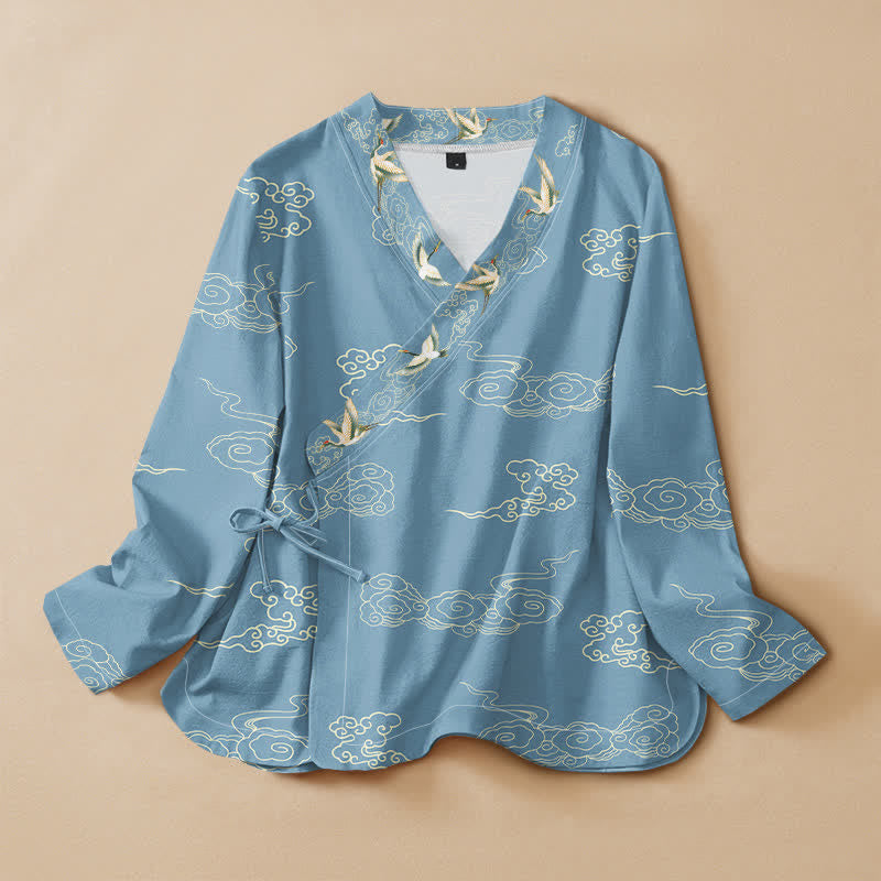 Chemise kimono à manches longues pour femme, en coton, imprimée de Buddha Stones, de grues et de nuages ​​porte-bonheur, col en V et lacets. - Bleu poudré - US16，UK/AU20，EU48 (3XL) - image 0