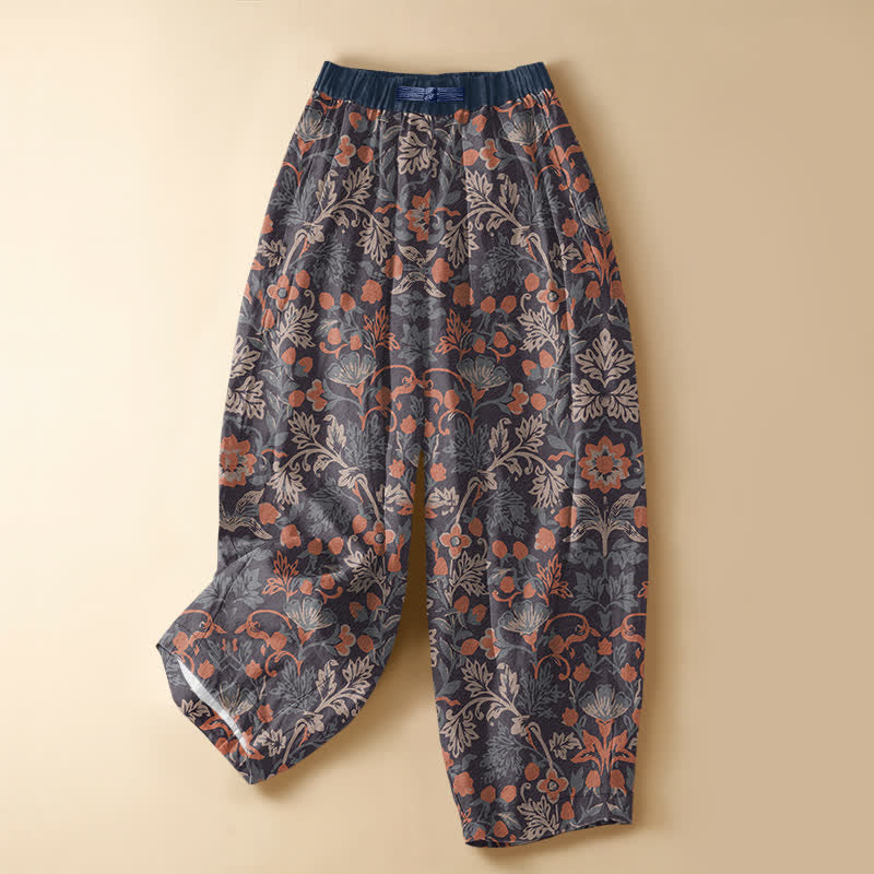Buddha Stones Pantalon harem pour femme en pur coton, motif floral bohème, boutons brandebourg, taille élastique et poches - SaddleBrown - US16，UK/AU20，EU48 (3XL) - image 0