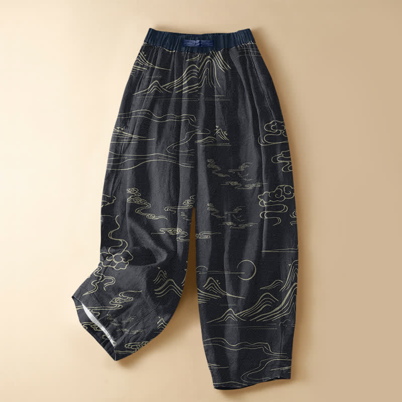 Buddha Stones Pantalon harem pour femme en pur coton, motif vintage montagne et nuages, boutonné grenouille, taille élastique et poches - Noir - US16，UK/AU20，EU48 (3XL) - image 0