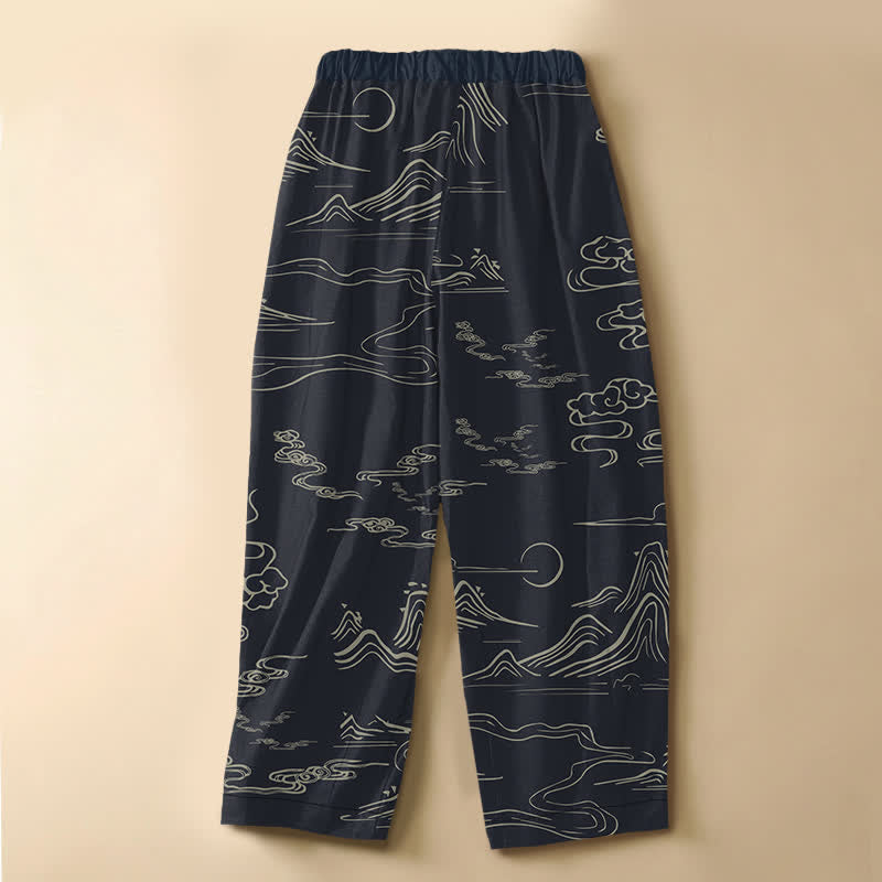 Buddha Stones Pantalon harem pour femme en pur coton, motif vintage montagne et nuages, boutonné grenouille, taille élastique et poches - image 1