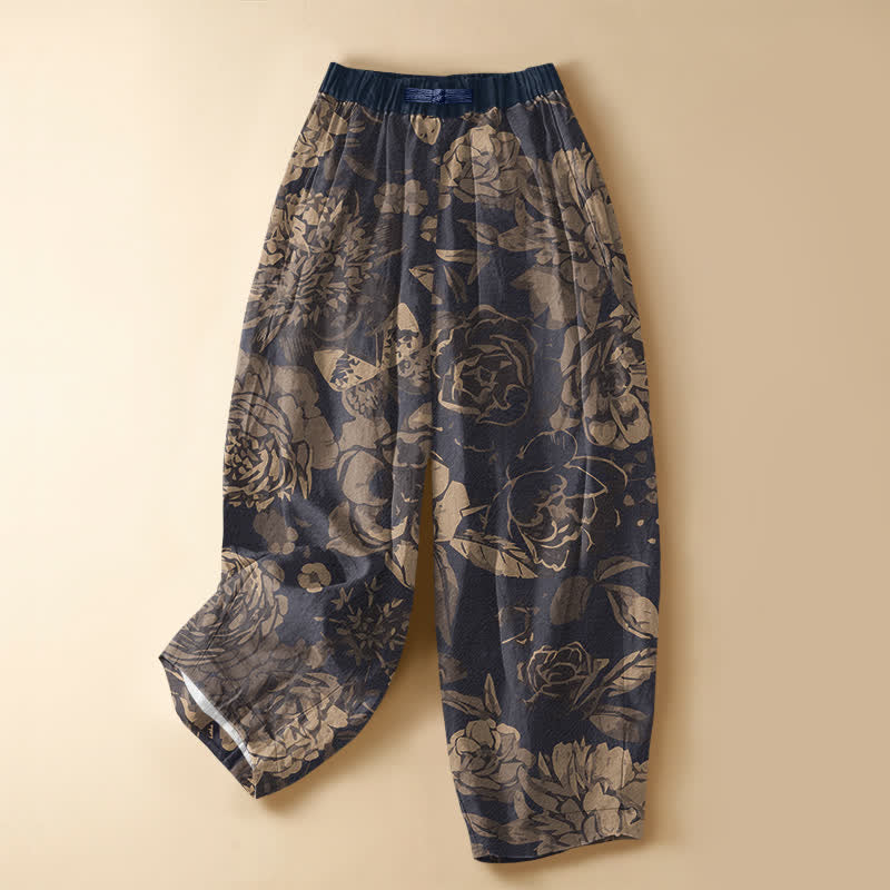 Buddha Stones Pantalon harem pour femme en pur coton, à taille élastique et poches, orné d'un motif de pivoines et de feuilles, avec boutons brandebourg. - Marine - US16，UK/AU20，EU48 (3XL) - image 0