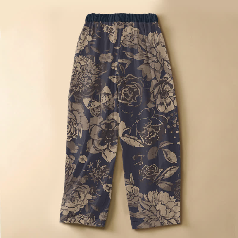 Buddha Stones Pantalon harem pour femme en pur coton, à taille élastique et poches, orné d'un motif de pivoines et de feuilles, avec boutons brandebourg. - image 1