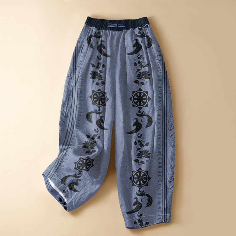 Buddha Stones Pantalon harem pour femme en pur coton ethnique, motif lotus OM et roue du Dharma, avec boutons grenouille, taille élastique et poches. - Bleu acier clair - US16，UK/AU20，EU48 (3XL) - image 0