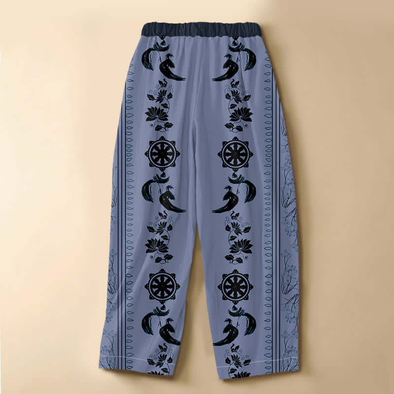 Buddha Stones Pantalon harem pour femme en pur coton ethnique, motif lotus OM et roue du Dharma, avec boutons grenouille, taille élastique et poches. - image 1