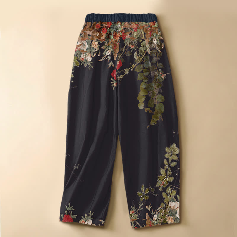Buddha Stones Pantalon harem pour femme en pur coton, à taille élastique et poches, orné d'un motif floral pivoine vintage. - image 1
