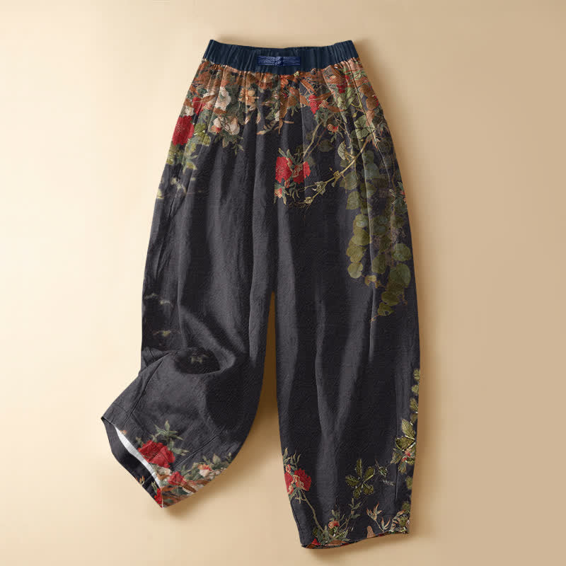 Buddha Stones Pantalon harem pour femme en pur coton, à taille élastique et poches, orné d'un motif floral pivoine vintage. - Noir - US16，UK/AU20，EU48 (3XL) - image 0