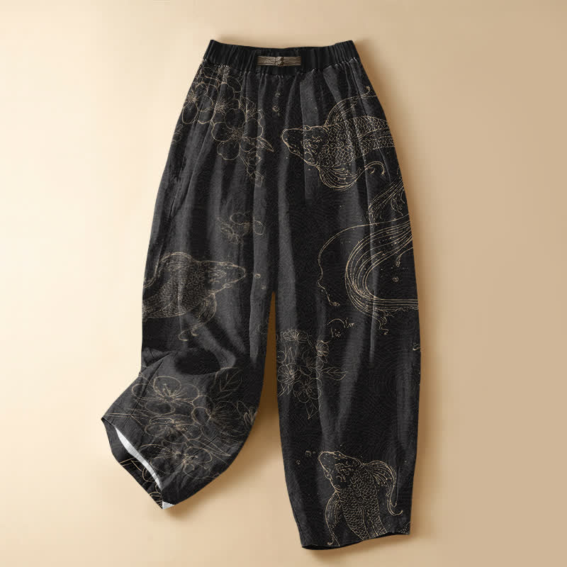 Buddha Stones Pantalon harem pour femme en pur coton, motif fleurs et carpes koï, boutons grenouille, taille élastique et poches - Noir - US16，UK/AU20，EU48 (3XL) - image 0