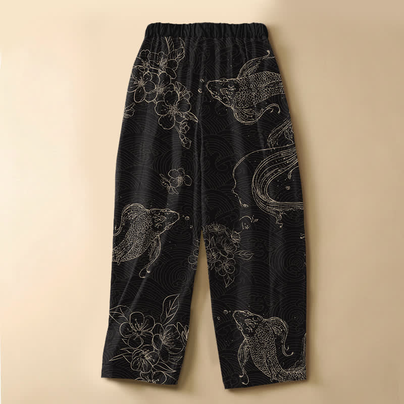 Buddha Stones Pantalon harem pour femme en pur coton, motif fleurs et carpes koï, boutons grenouille, taille élastique et poches - image 1